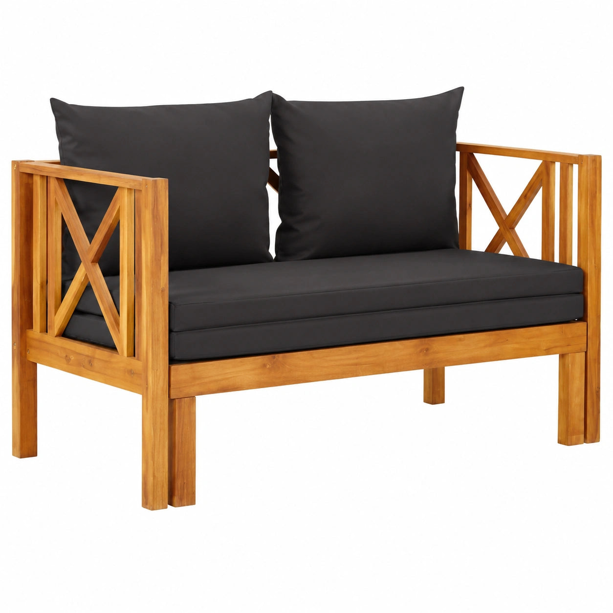 Panca da giardino in acacia massello 122 cm con cuscino, 2 posti, multifunzionale