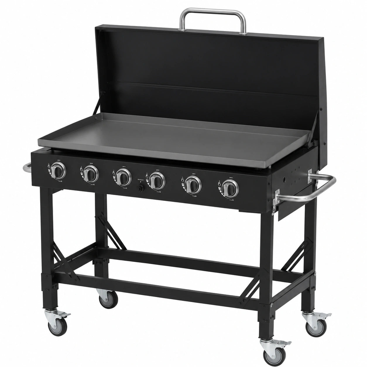 Griglia a Gas Dayton con 6 Bruciatori, Superficie 108x53 cm, Acciaio Nero, Ruote e Copertura, Potenza 22.2 kW