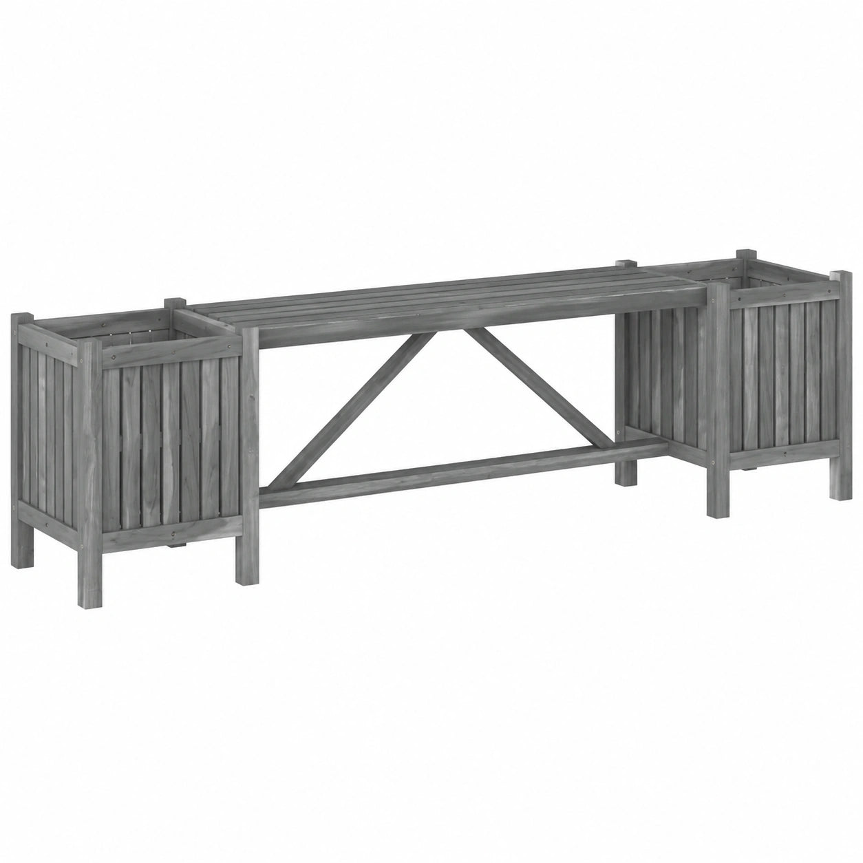 Panchina da giardino in legno di acacia massello con vasi integrati, grigio resistente alle intemperie