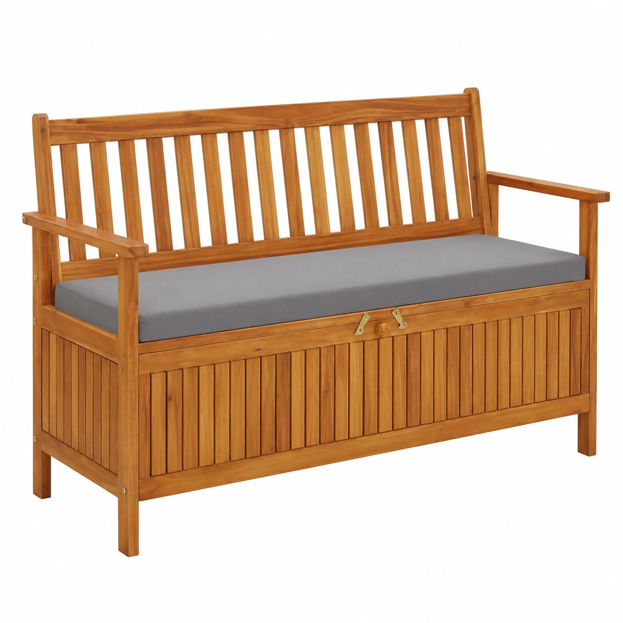 Panca da giardino in acacia con cuscino e vano portaoggetti, 148 cm