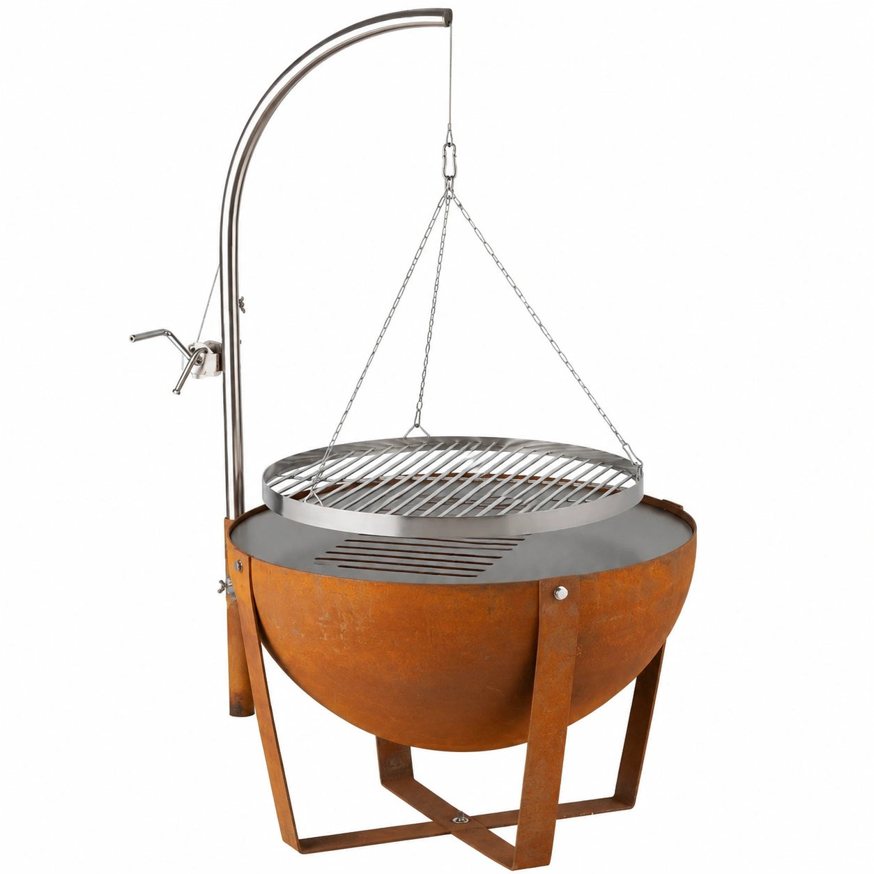 blumfeldt Fire Globe - Braciere Decorativo Ø60 cm, Griglia con Anello Cottura, Altezza Regolabile, Rustico, 60x120 cm