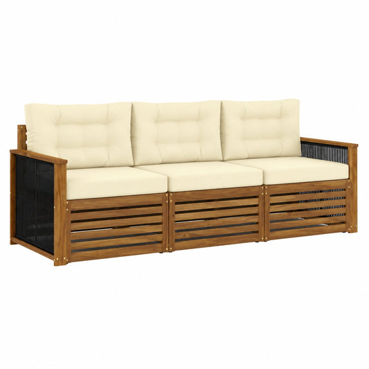 Set Divani da Giardino 3 Pezzi in Legno di Acacia, Cuscini Crema, Resistente alle Intemperie