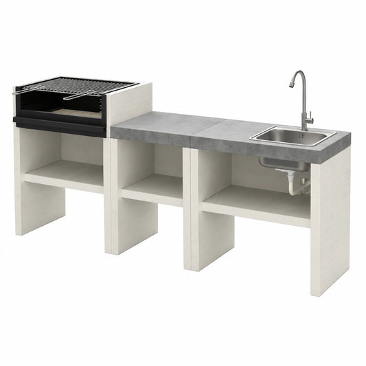 Set Cucina Modulare per Esterni - Griglia Carbone e Legna, Acciaio con Lavello e Piano (156 x 47 x 95 cm)