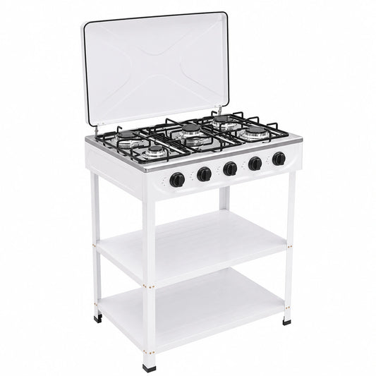 OUKANING Piano Cottura a Gas 5 Fuochi, 2,5 kW, Portatile con Manopole e Piedini Antiscivolo, Compatibile NG/LPG per Uso Esterno