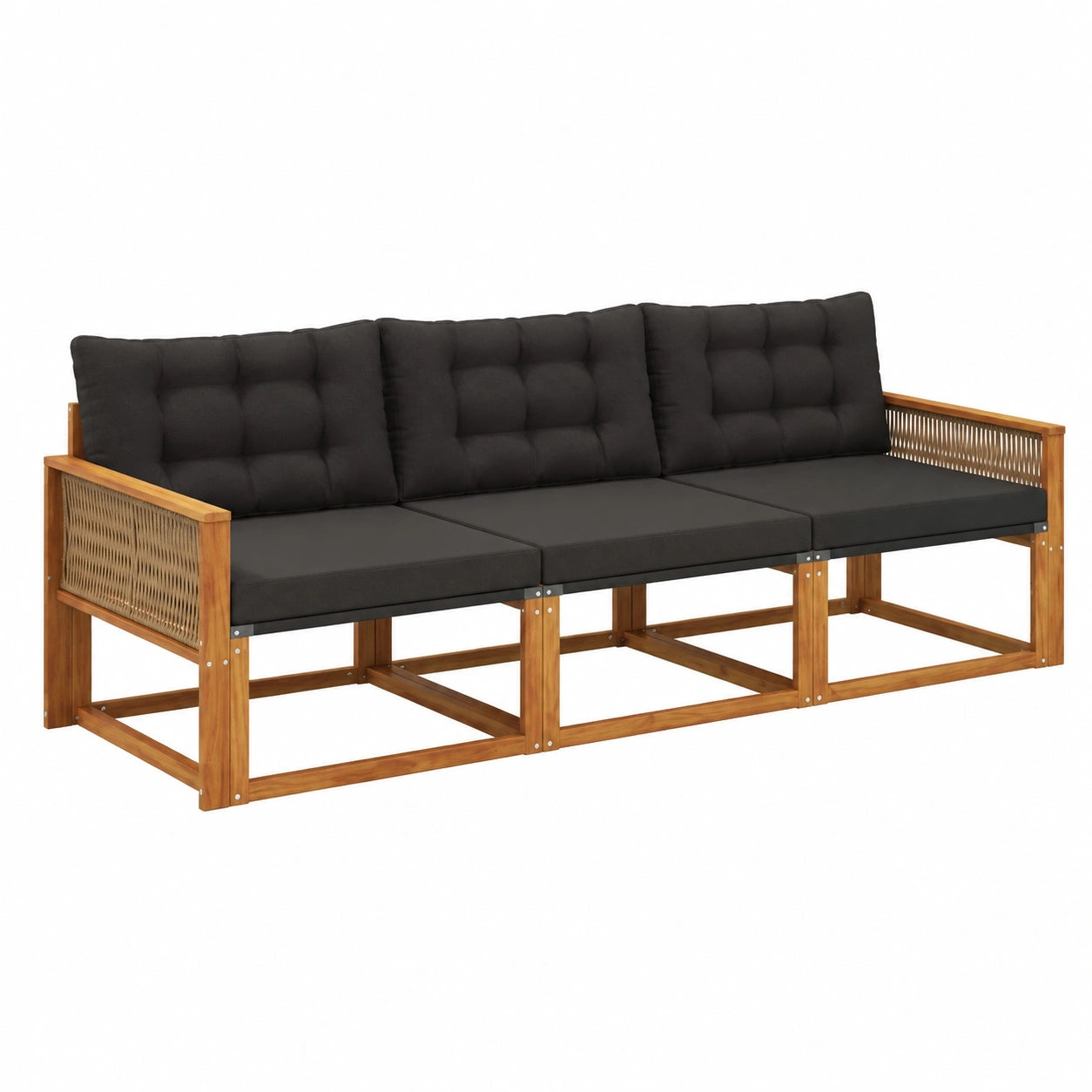 Set Divani da Giardino in Acacia con Cuscini, 3 Pezzi, Naturale e Nero, Resistente a Intemperie