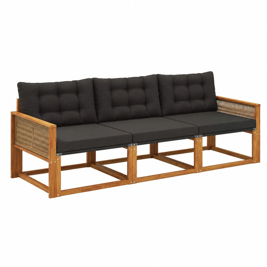 Set Divani da Giardino in Acacia con Cuscini, 3 Pezzi, Naturale e Nero, Resistente a Intemperie