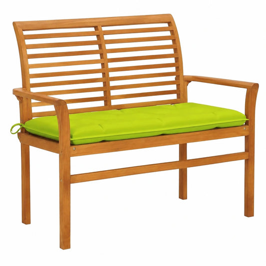 Panca esterna in teak massello con cuscino verde, resistente e adatta a tutte le stagioni, 112 cm