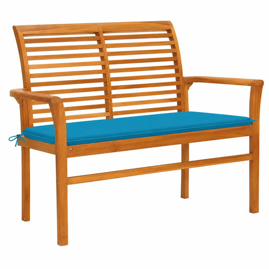 Panca da esterno in teak con cuscino blu, 112 cm, design resistente e confortevole