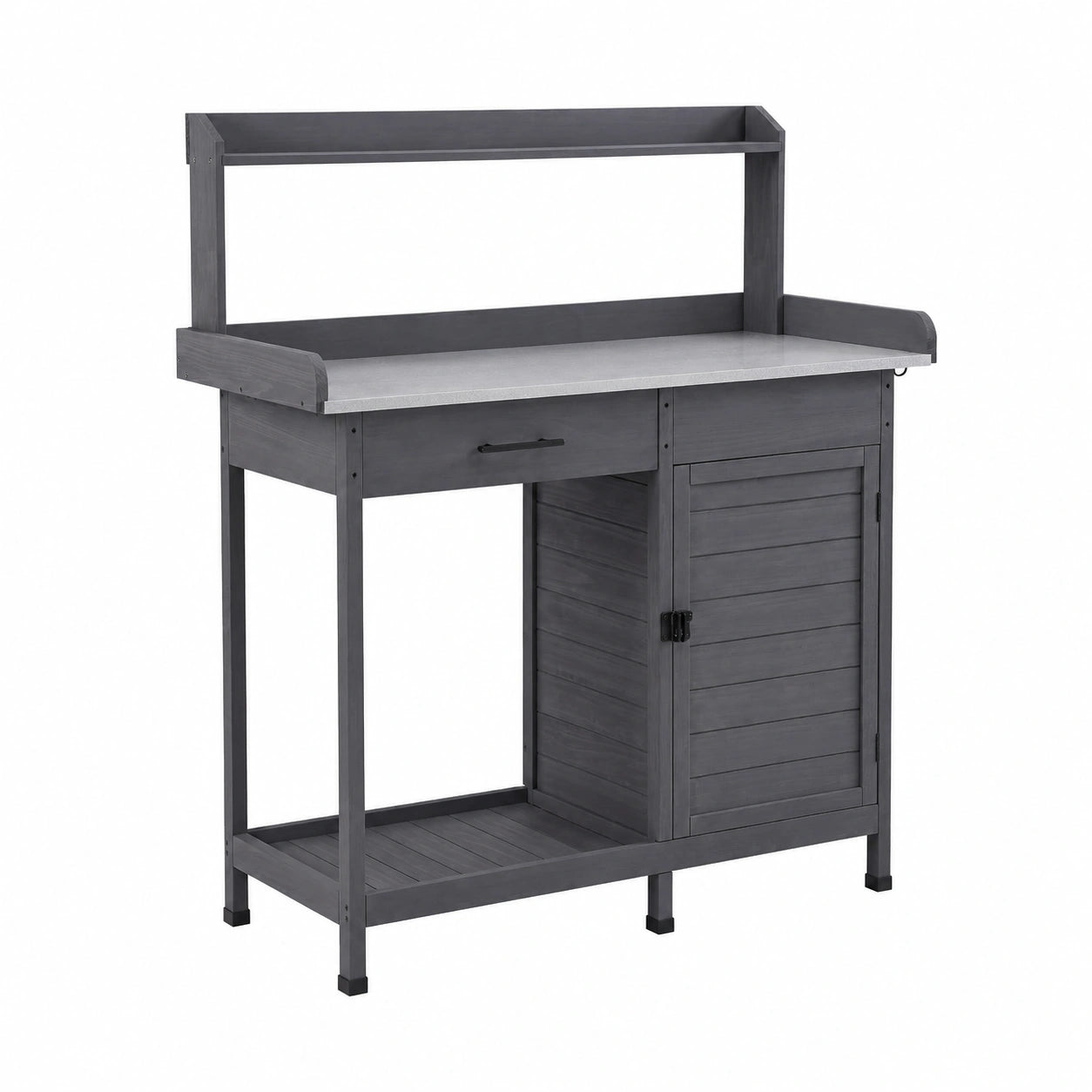 Tavolo da Giardinaggio Impermeabile con Cassetto e Piano Zincato, Ripiani e Armadio, 3 Ganci, in Legno Massello per Giardino, Balcone, Terrazza, 48x112x126 cm