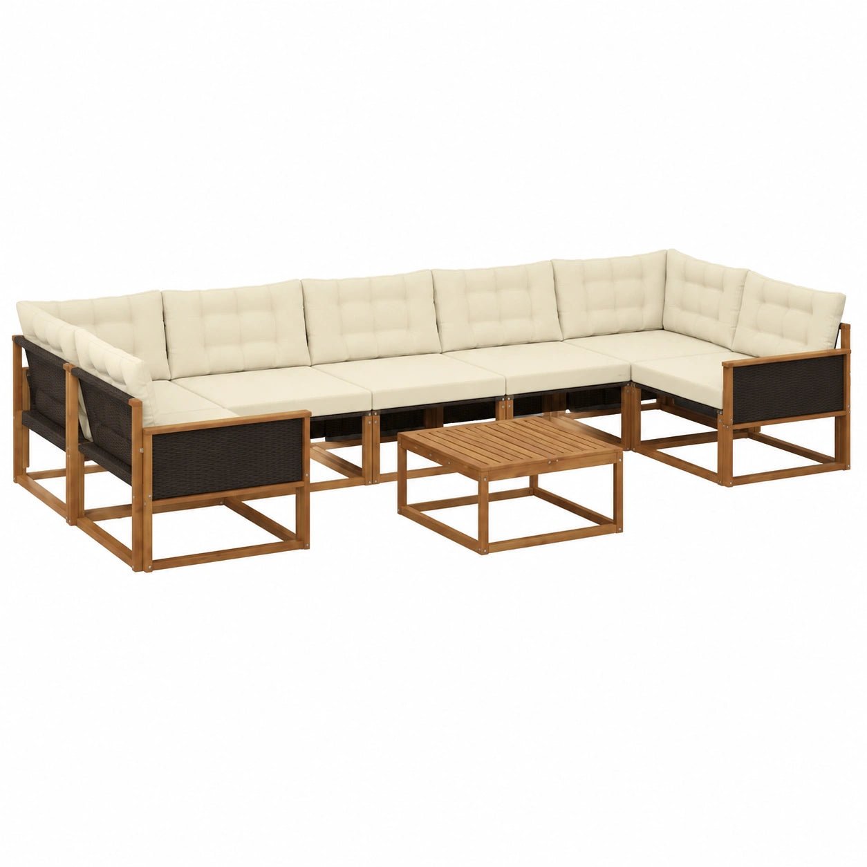 Set modulare da giardino 8 pezzi in legno di acacia e textilene, cuscini crema, per terrazza