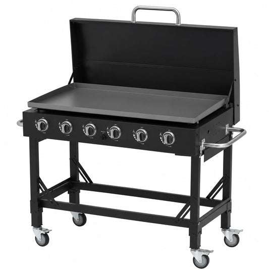 Griglia a Gas Dayton con 6 Bruciatori, Superficie 108x53 cm, Acciaio Nero, Ruote e Copertura, Potenza 22.2 kW