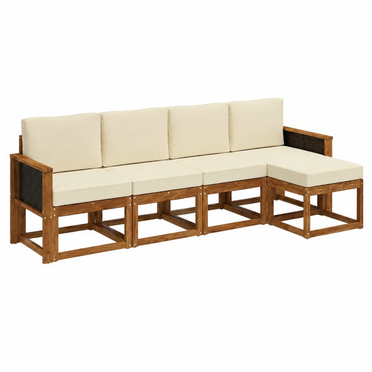 Set divano modulare da giardino in acacia e poliestere naturale con tavolo e sgabelli, 6 pezzi